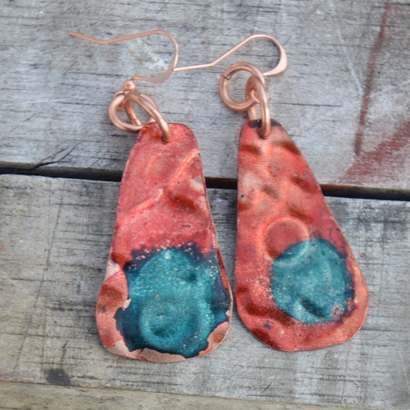 Conceptual Subculture Jewelry - Modernist Floral Red Blue Solid Pure Copper Embossed Flower Earrings Handmade